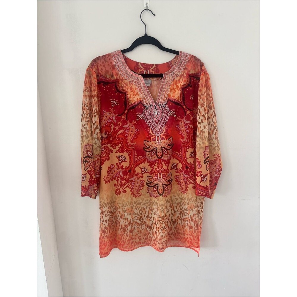 Chicos 16/18 Beaded Leopard Red Patterned V-Neck Women's Tunic Top